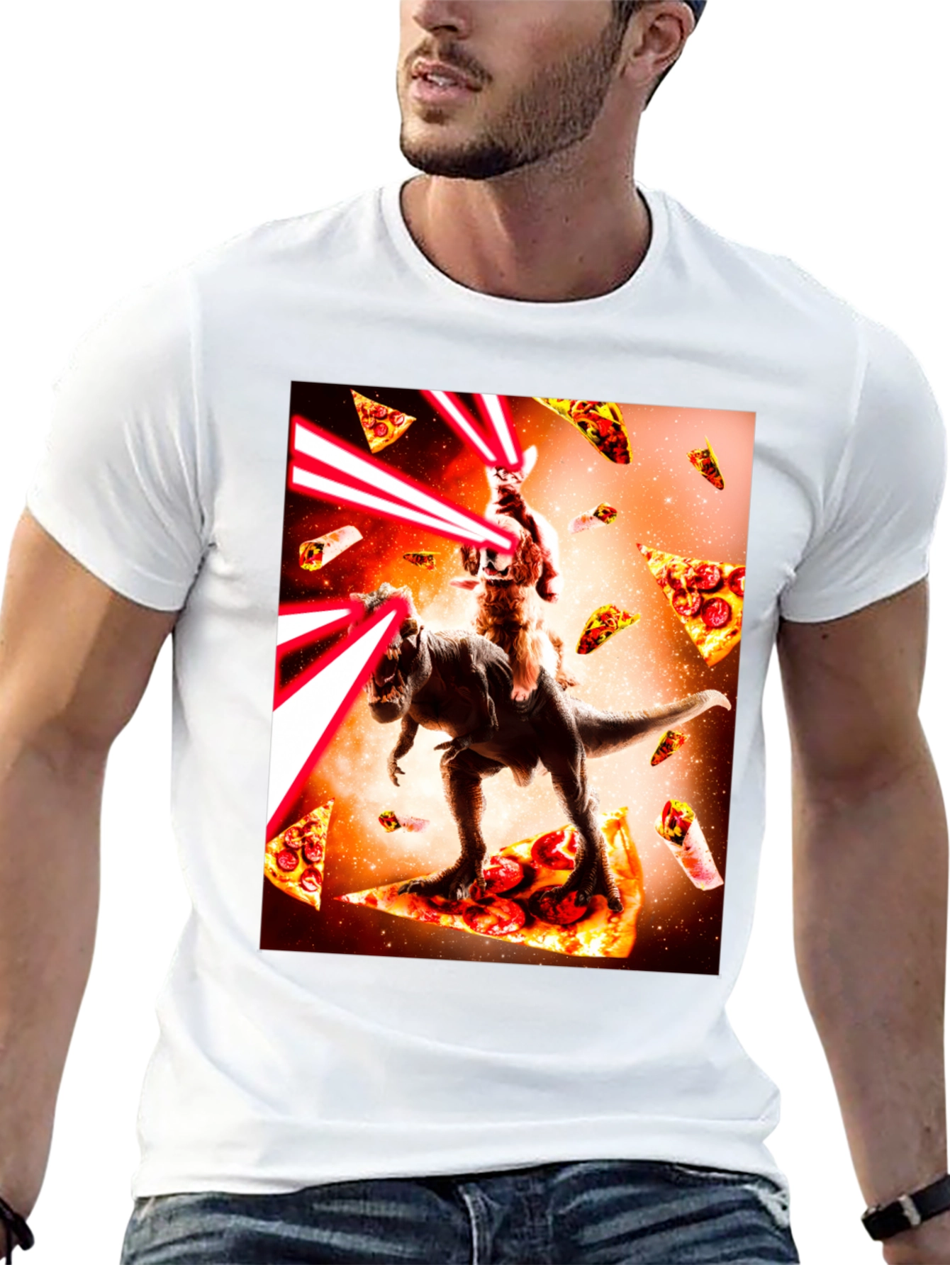 Cosmic Cat Riding Dino Pizza T-Shirt