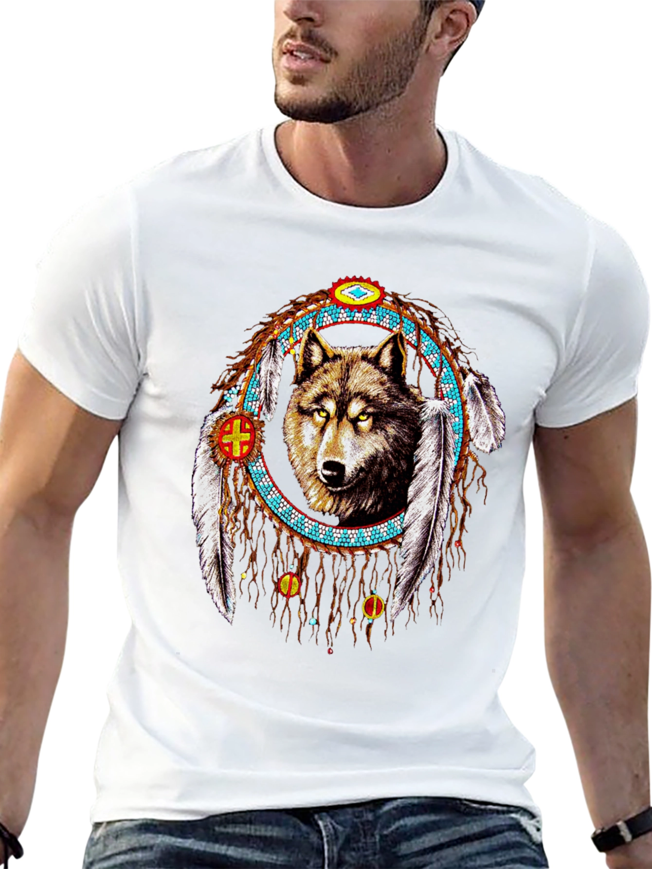 Wolf Dreamcatcher Graphic Tee - Native American Style