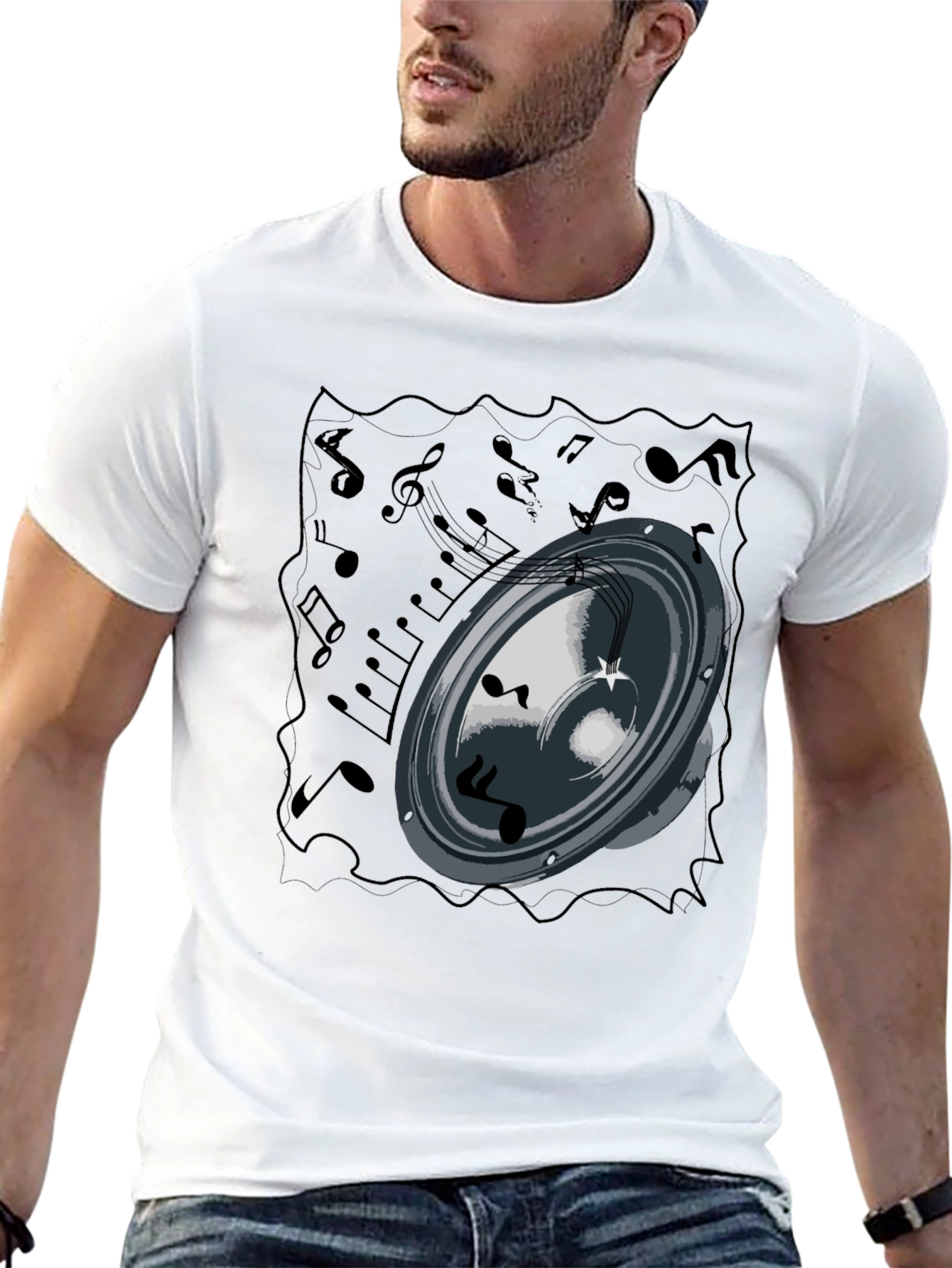 Music Speaker Graphic Tee - Black Cotton T-Shirt