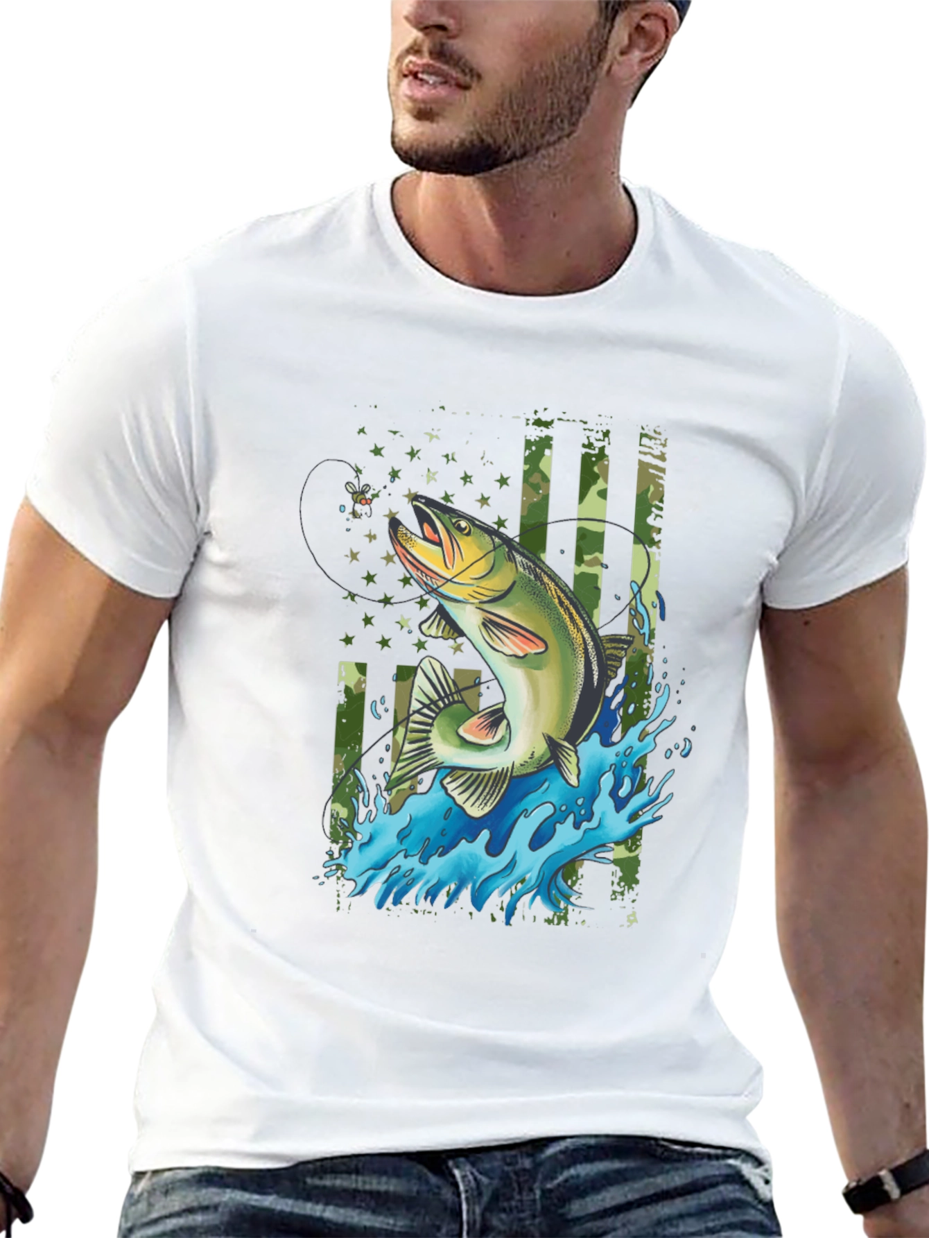 Fishing T-Shirt - American Flag Bass Design