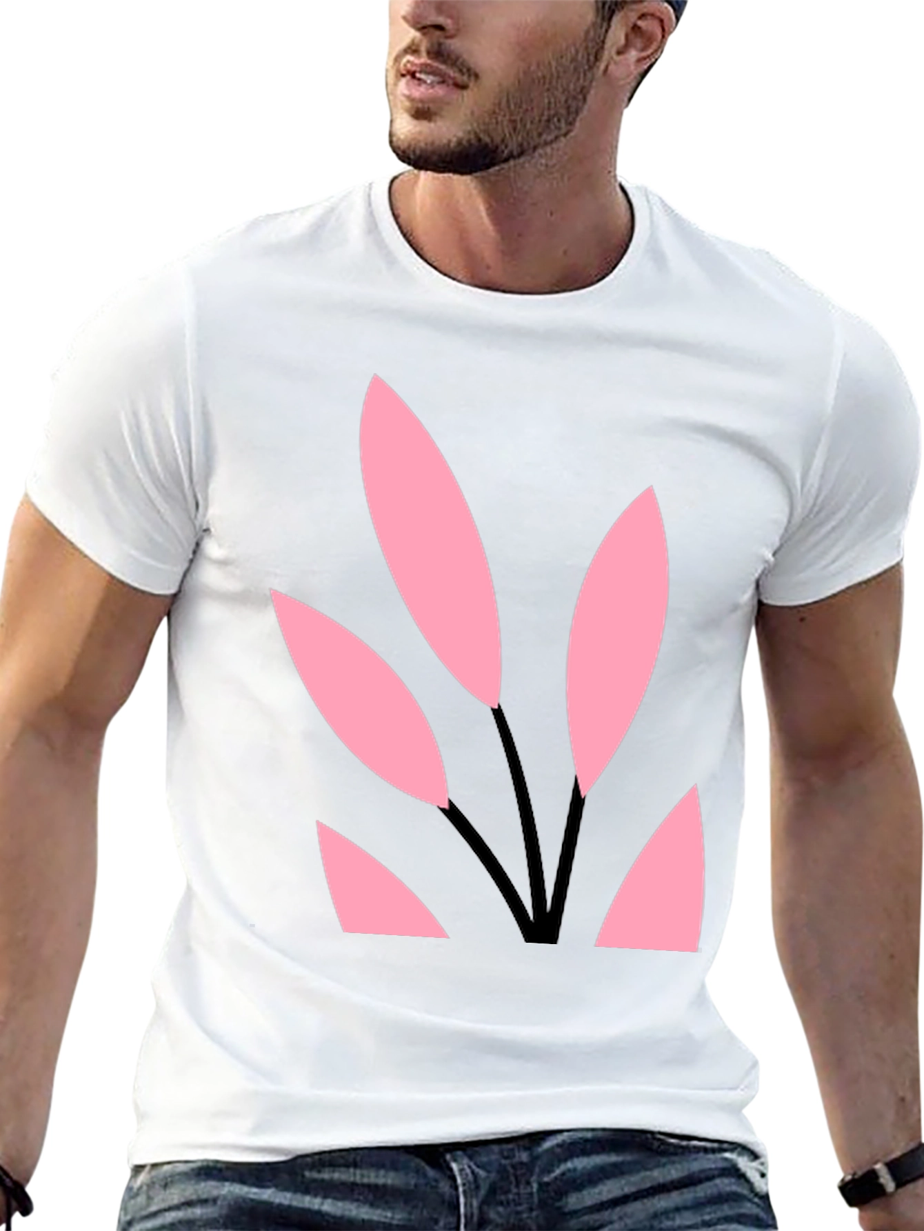 Black Tee with Abstract Pink Leaf Design