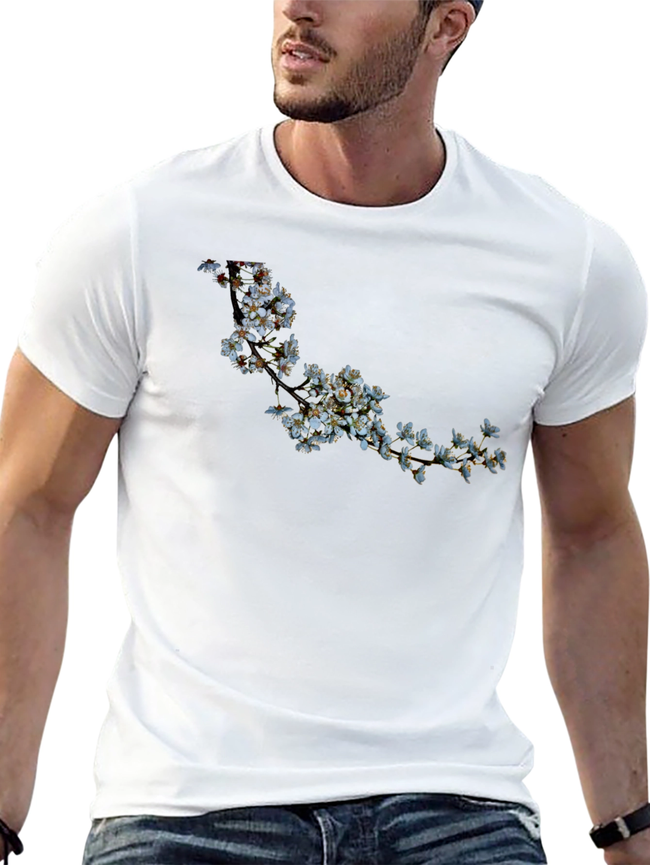 Black T-Shirt with Floral Branch Design