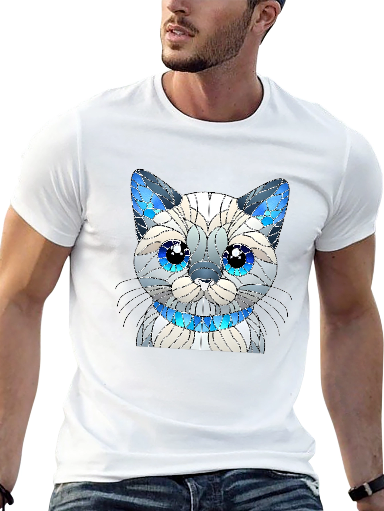 Cat Lover T-Shirt - Stained Glass Siamese Cat Design