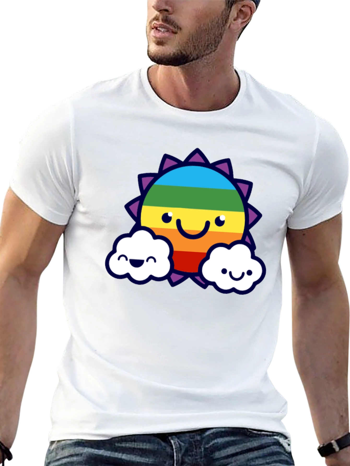 Rainbow Sun Clouds Graphic Tee - Black Cotton Blend