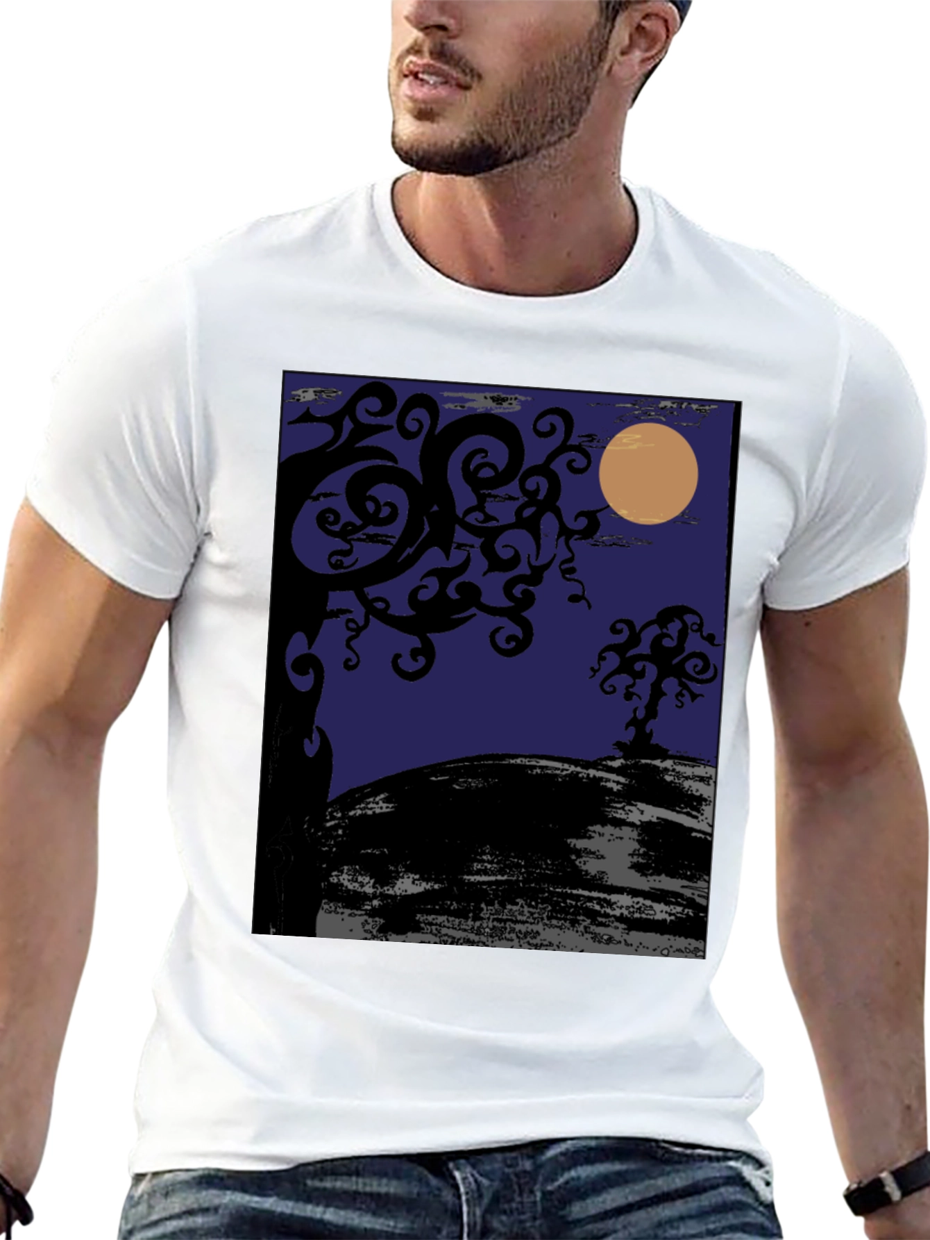 Spooky Night Tree Graphic Tee - Black Cotton