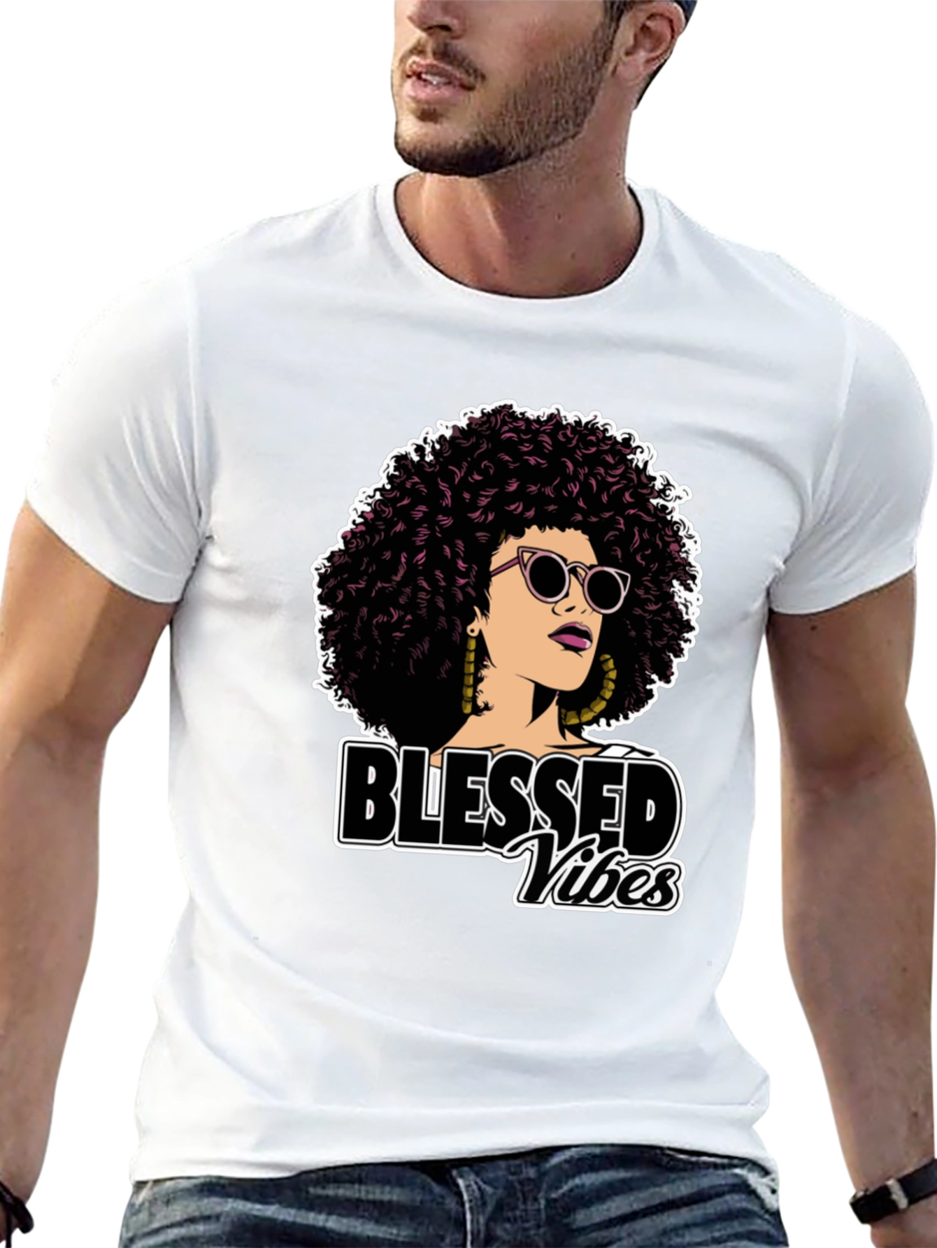 Blessed Vibes Graphic Tee - Stylish Afro Woman Design