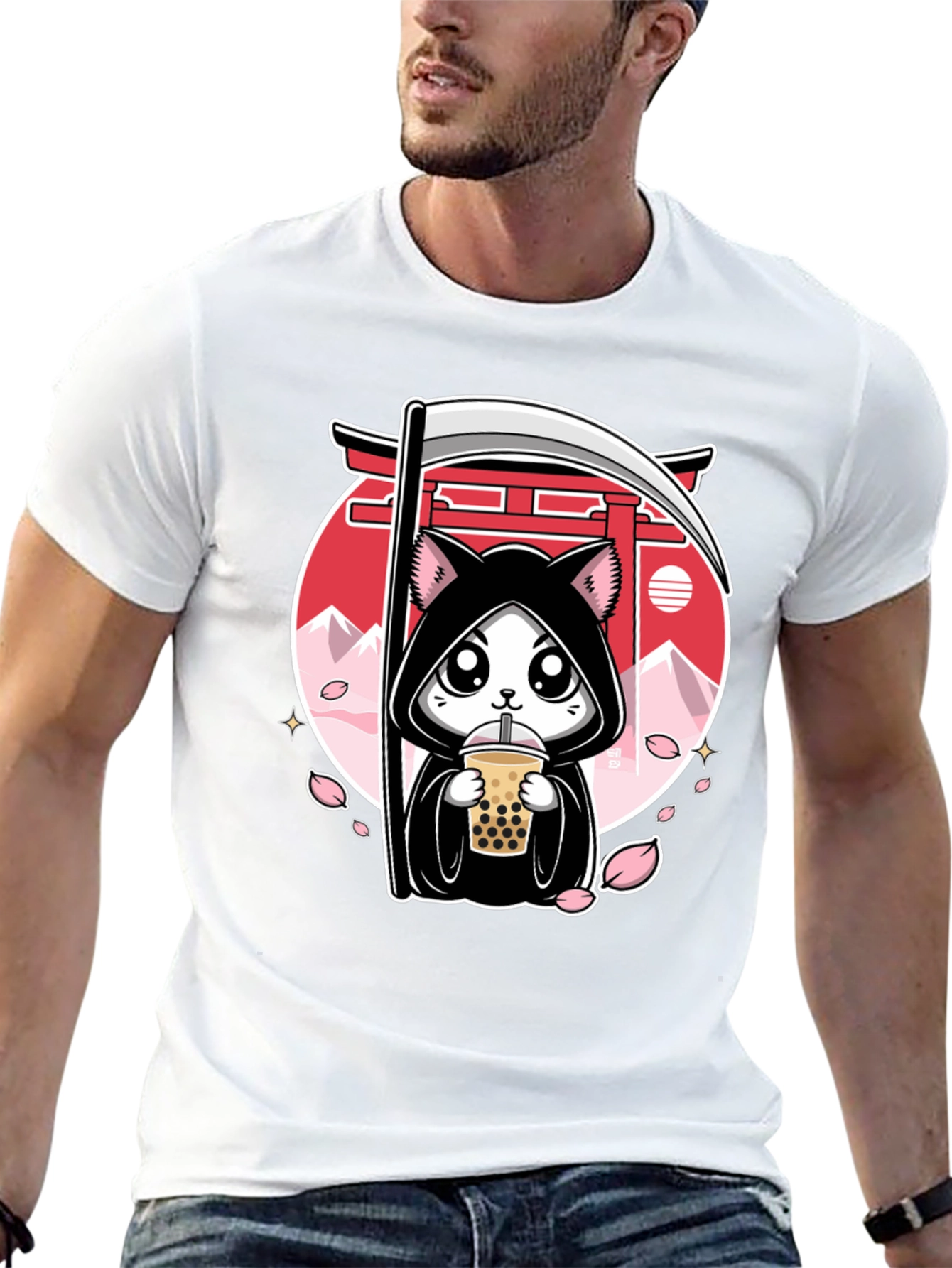 Kawaii Grim Reaper Cat Boba Tea Graphic Tee