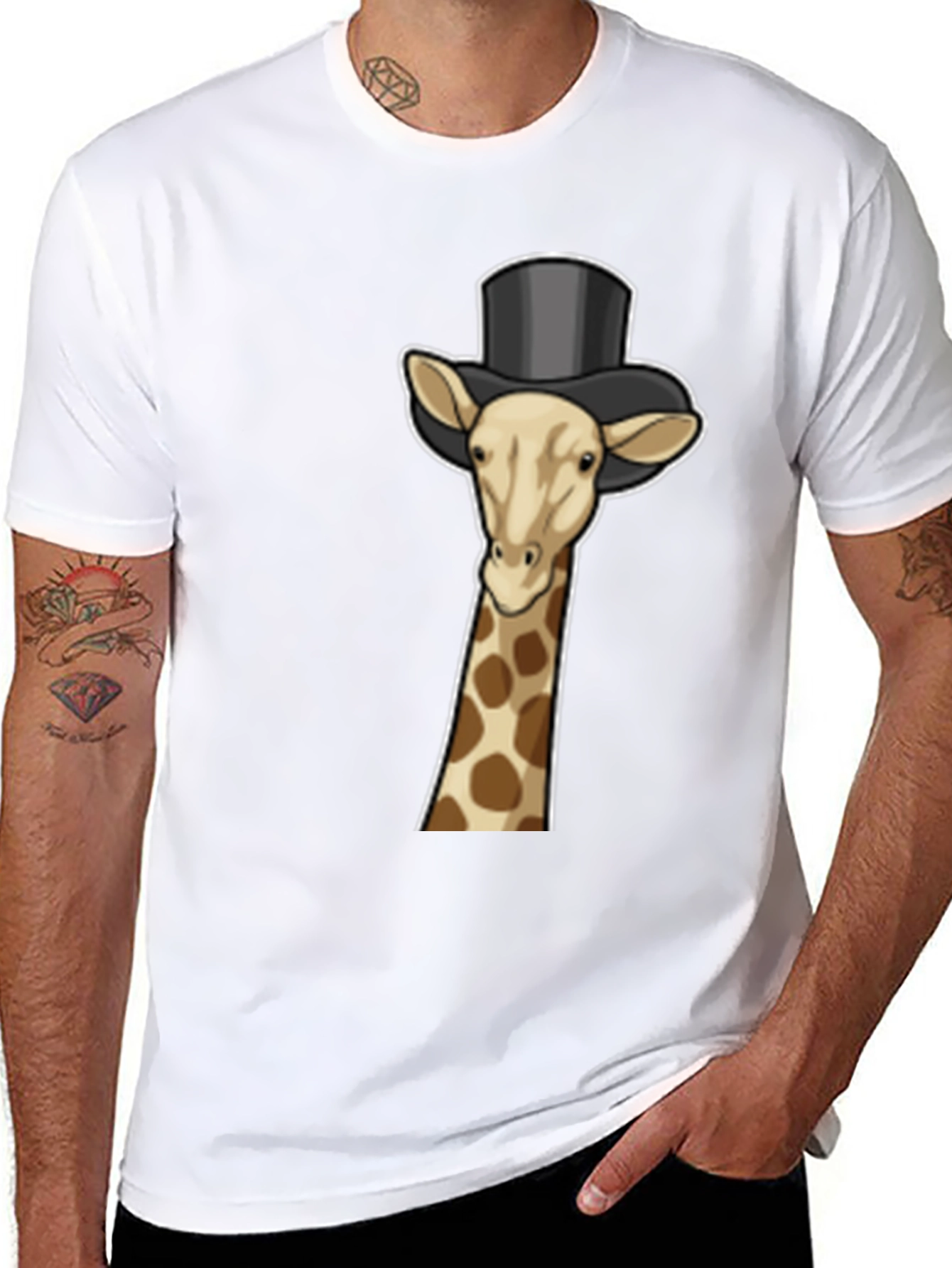 Giraffe Top Hat Graphic Tee - Black Cotton T-Shirt