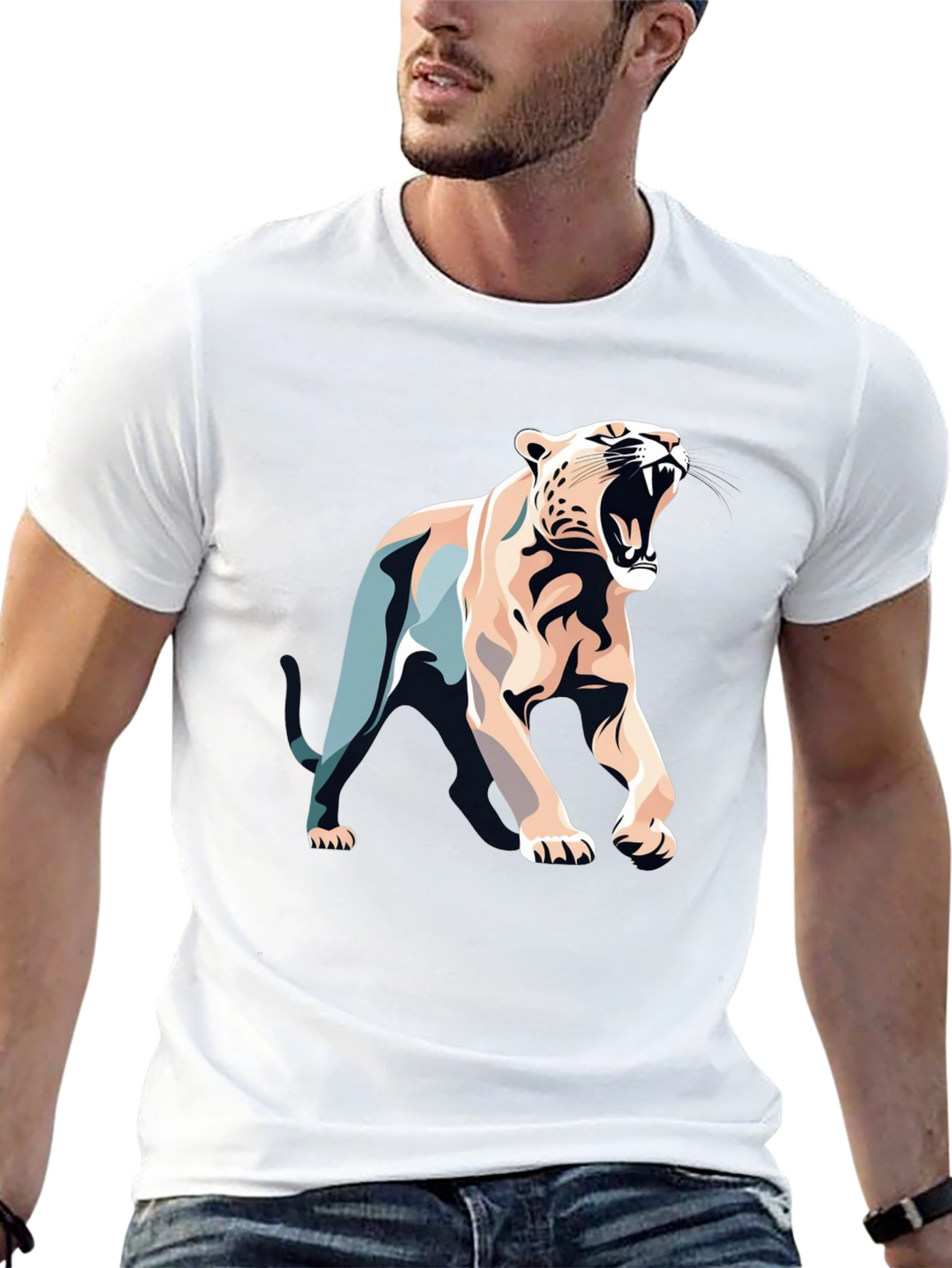 Black T-Shirt with Bold Roaring Cat Graphic