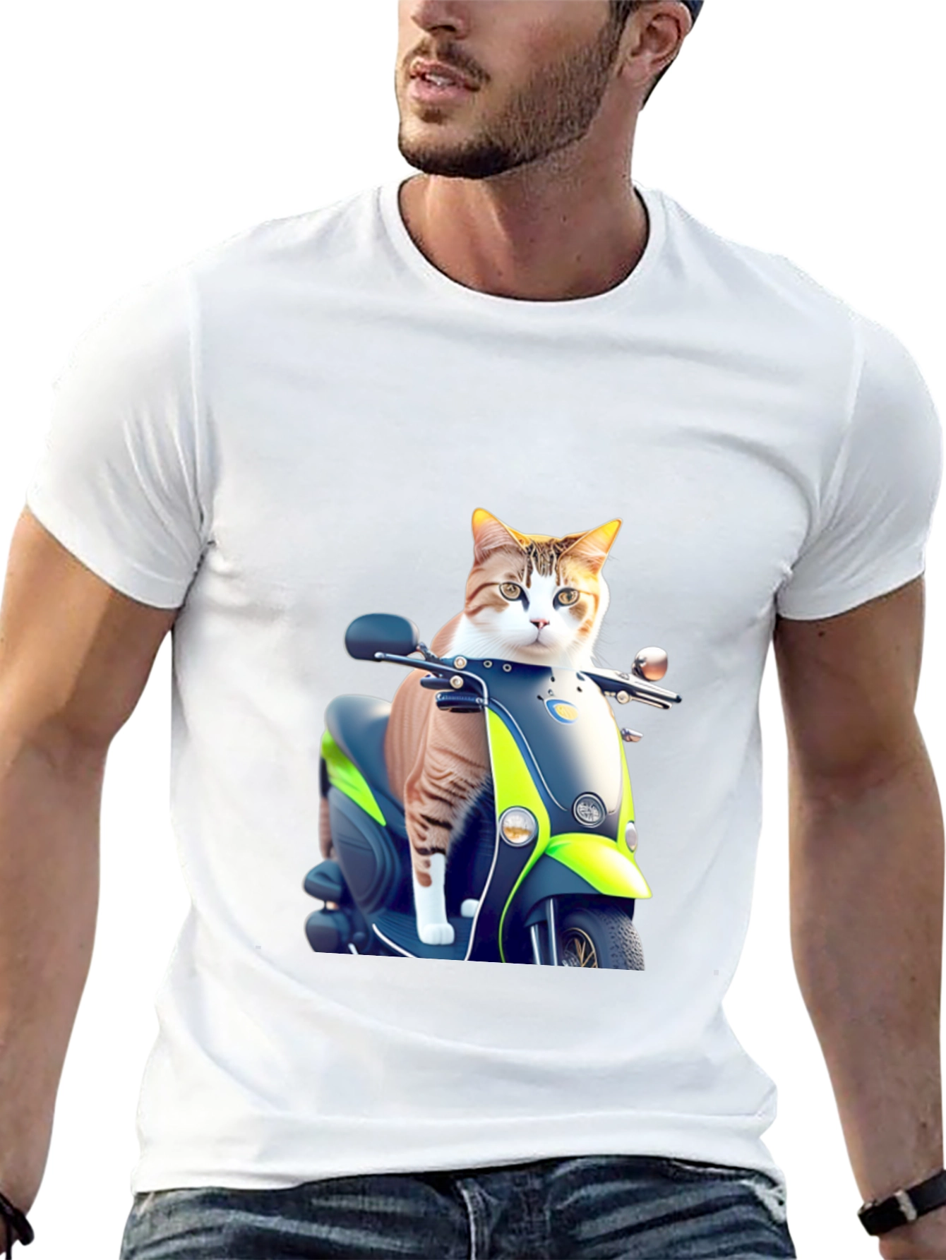 Cat on Scooter Graphic T-Shirt - Black Cotton Tee