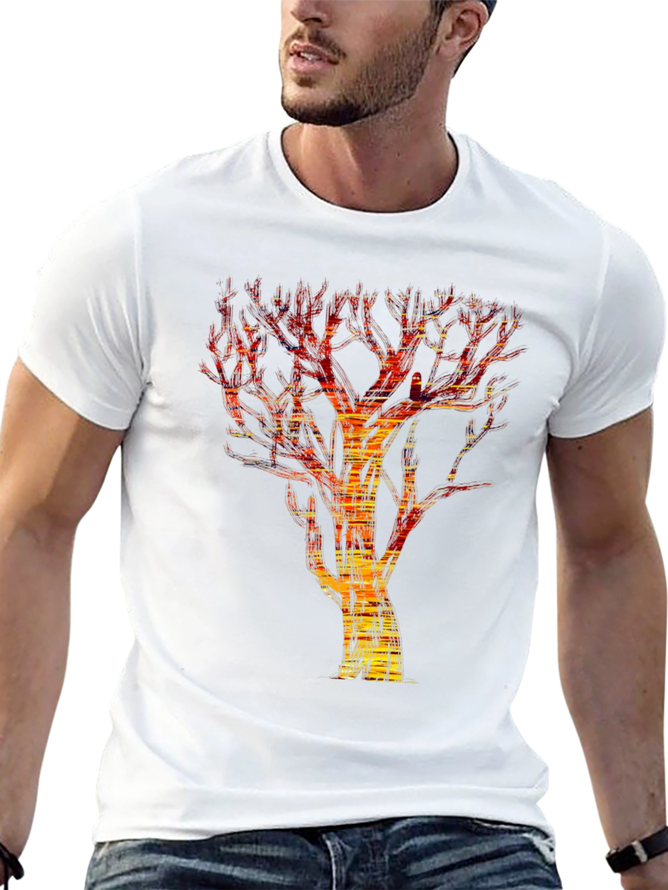 Abstract Fire Tree Graphic Tee - Modern Black T-Shirt
