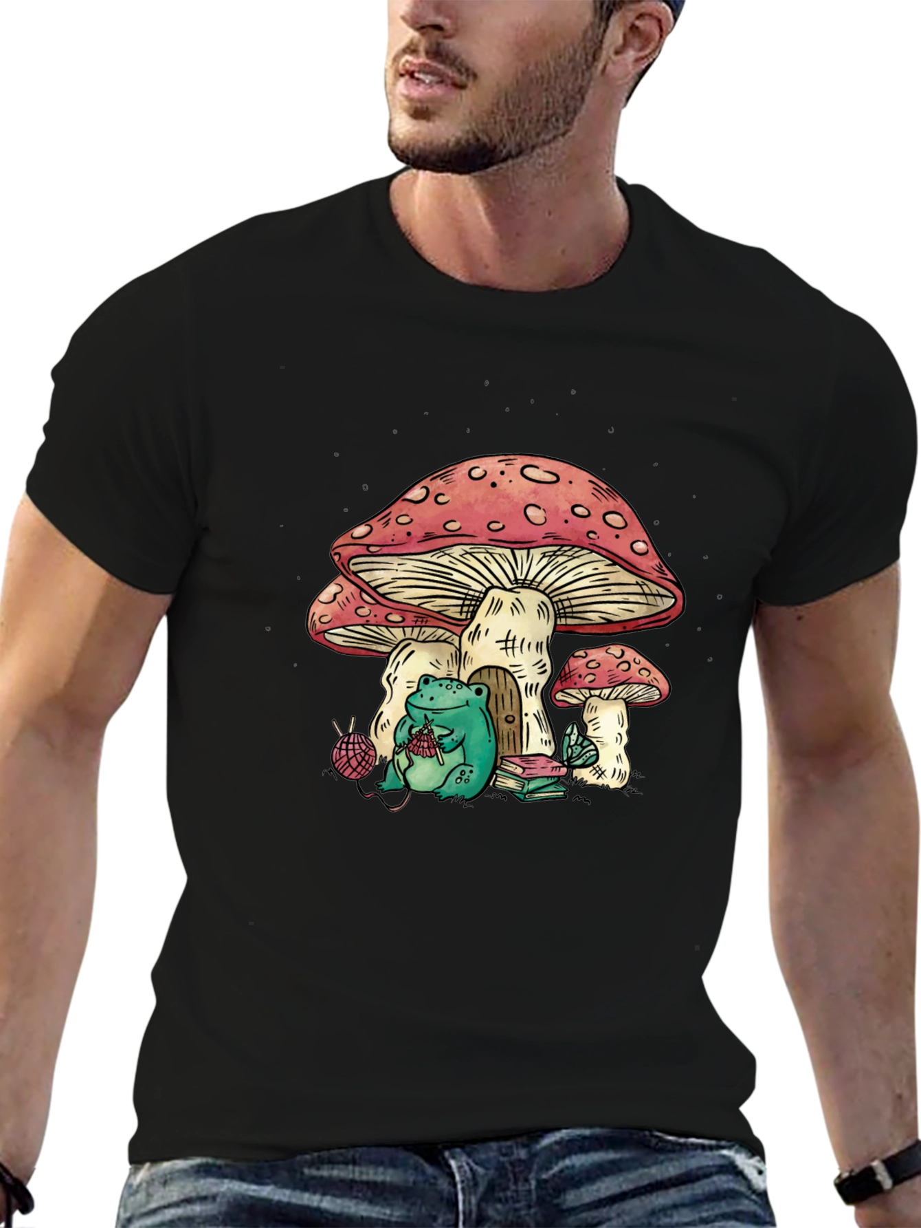 Frog Knitting Mushroom House Graphic T-Shirt