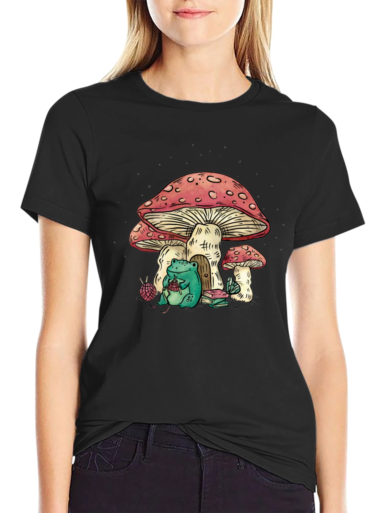 Frog Knitting Mushroom House Graphic T-Shirt