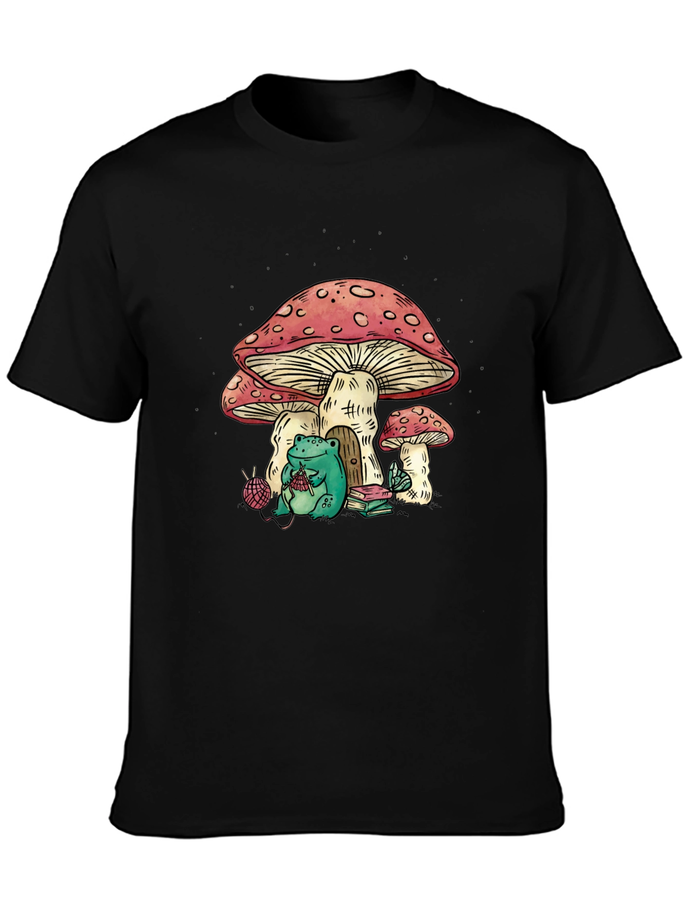 Frog Knitting Mushroom House Graphic T-Shirt