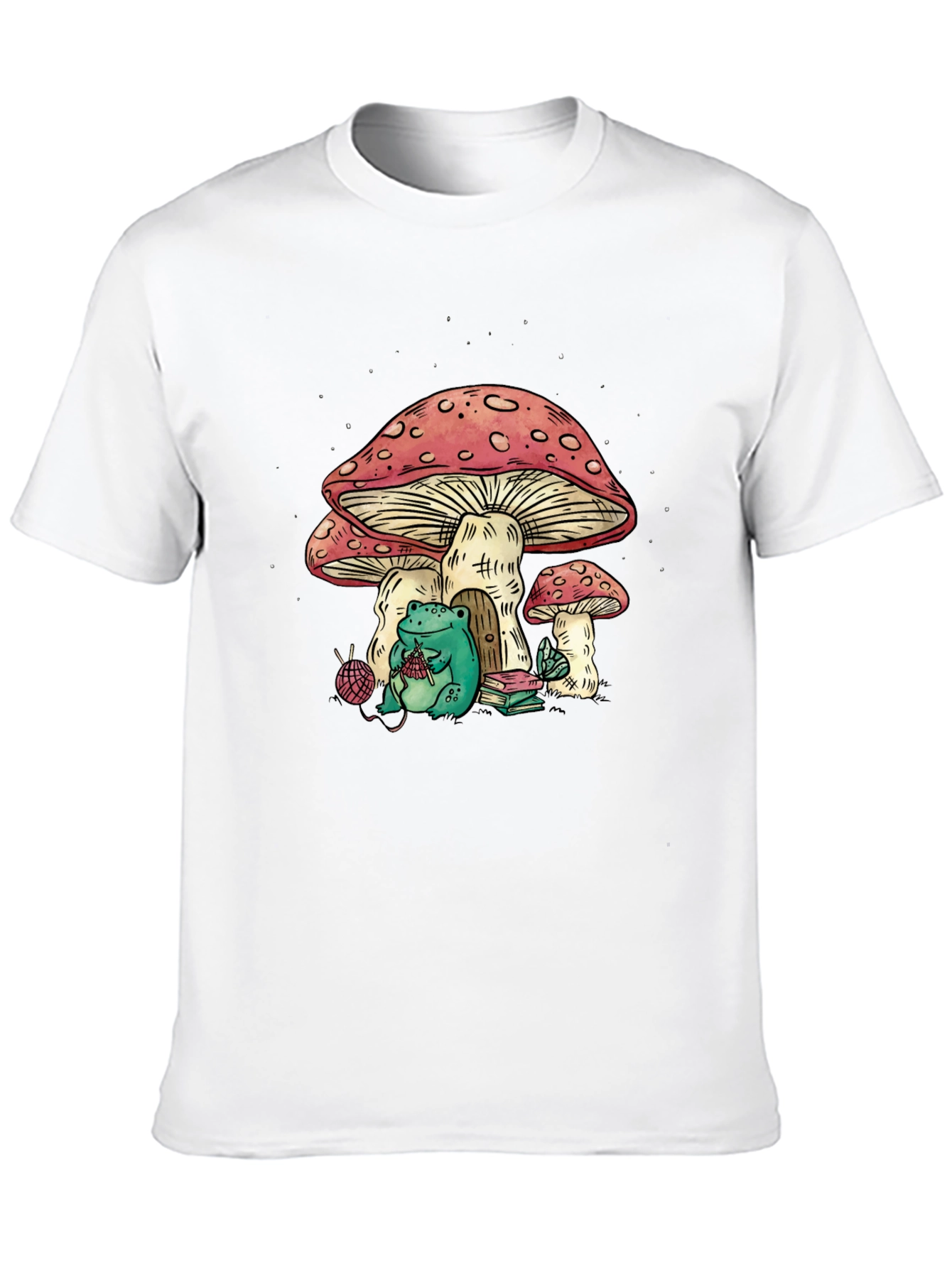 Frog Knitting Mushroom House Graphic T-Shirt