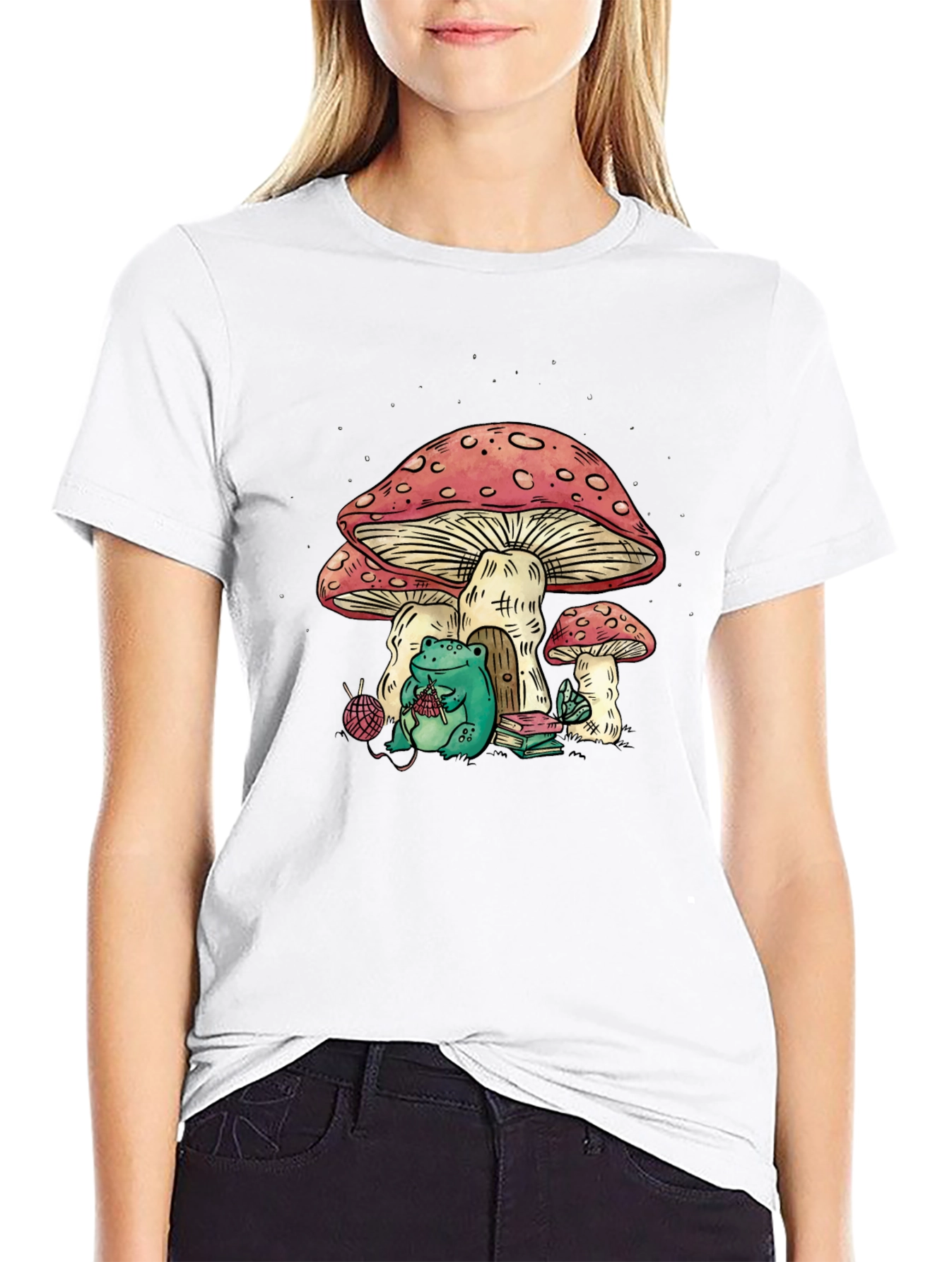 Frog Knitting Mushroom House Graphic T-Shirt