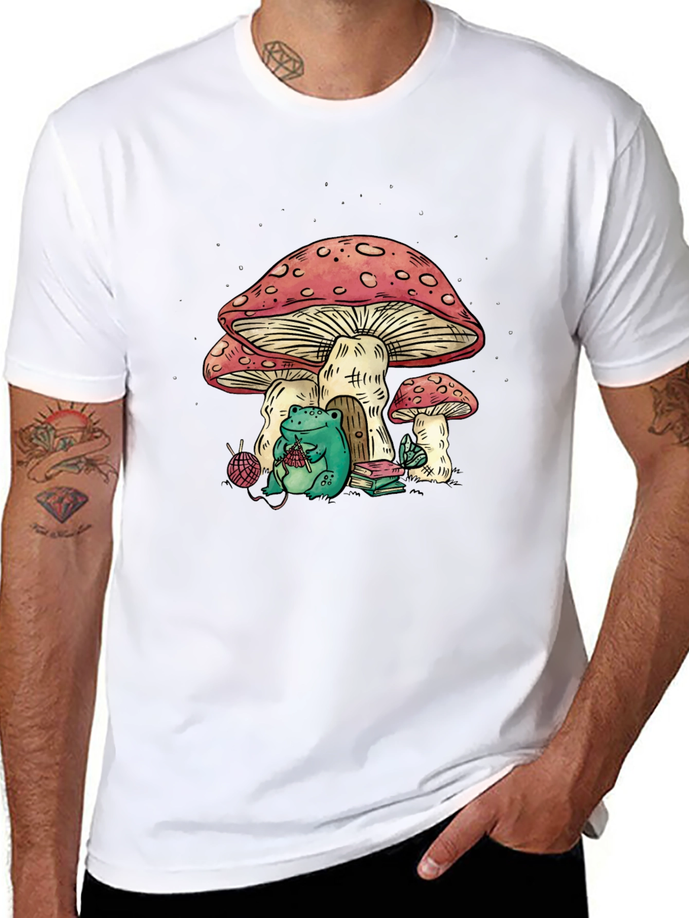 Frog Knitting Mushroom House Graphic T-Shirt