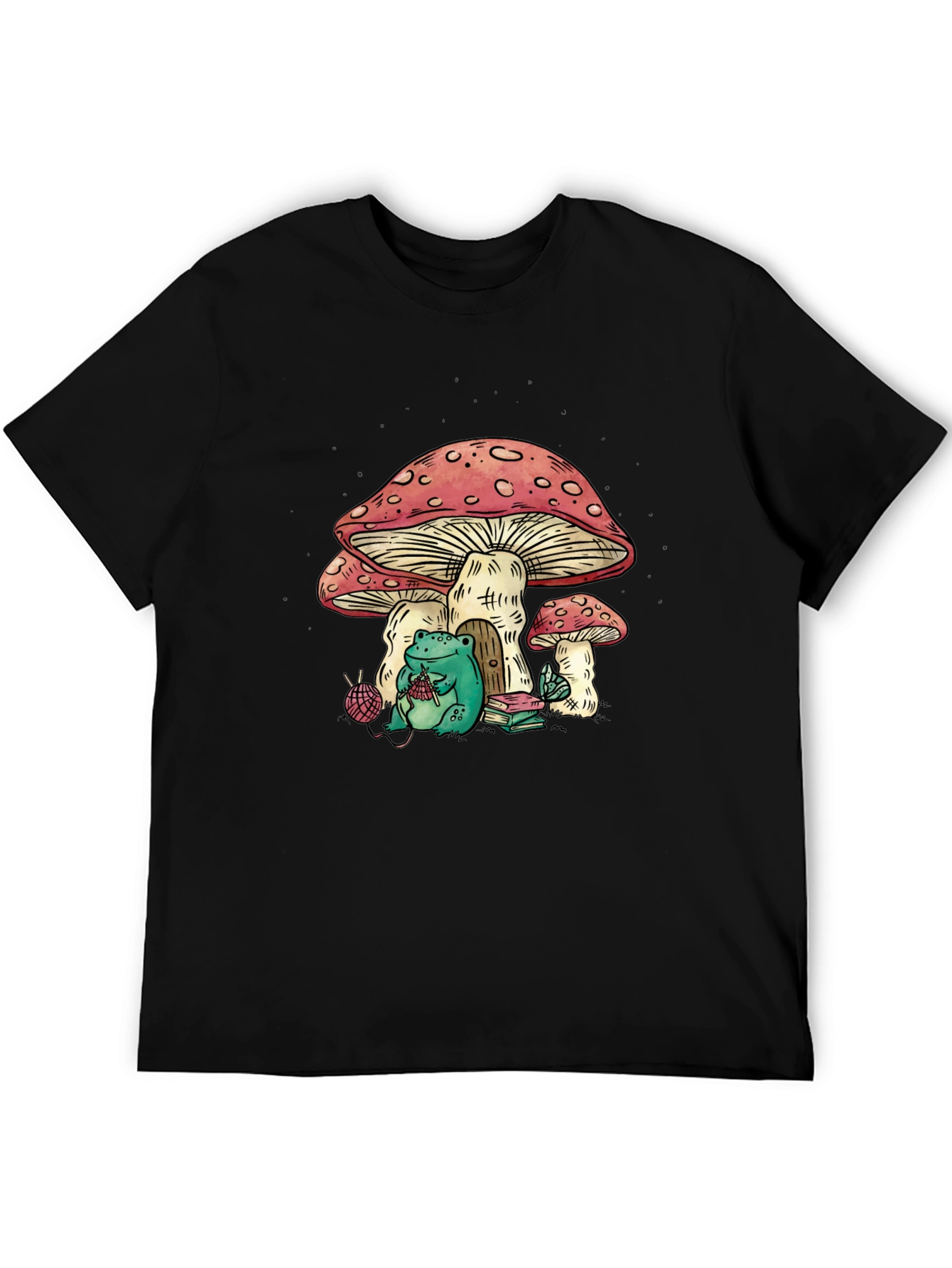 Frog Knitting Mushroom House Graphic T-Shirt