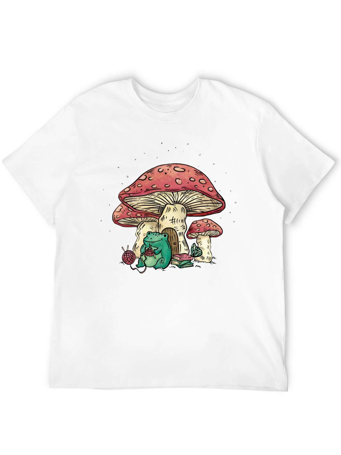 Frog Knitting Mushroom House Graphic T-Shirt