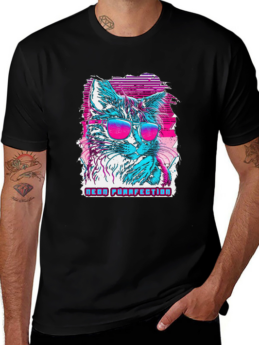 Neon Purrfection Cat Graphic T-Shirt - Cool Retro Style