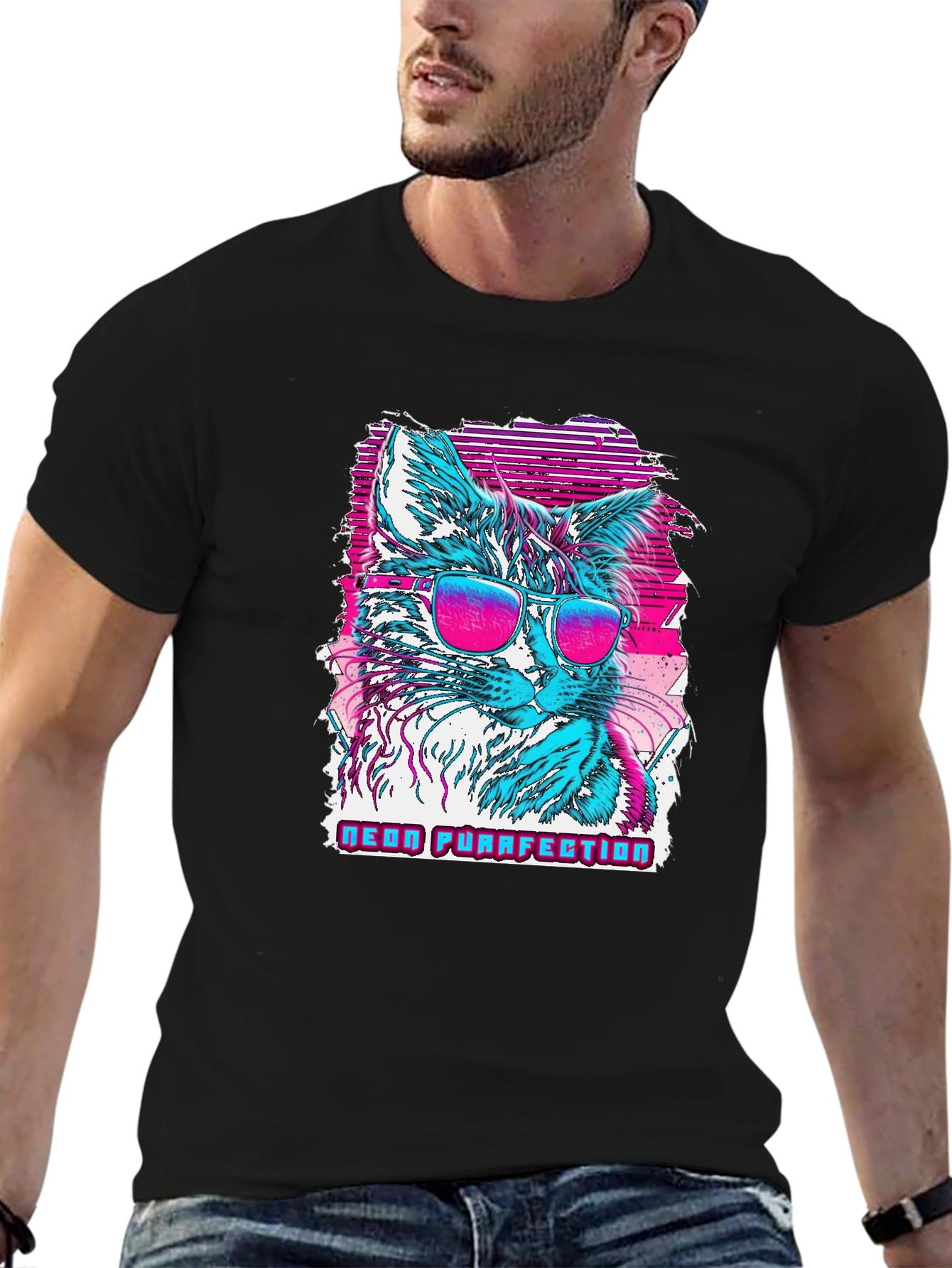 Neon Purrfection Cat Graphic T-Shirt - Cool Retro Style