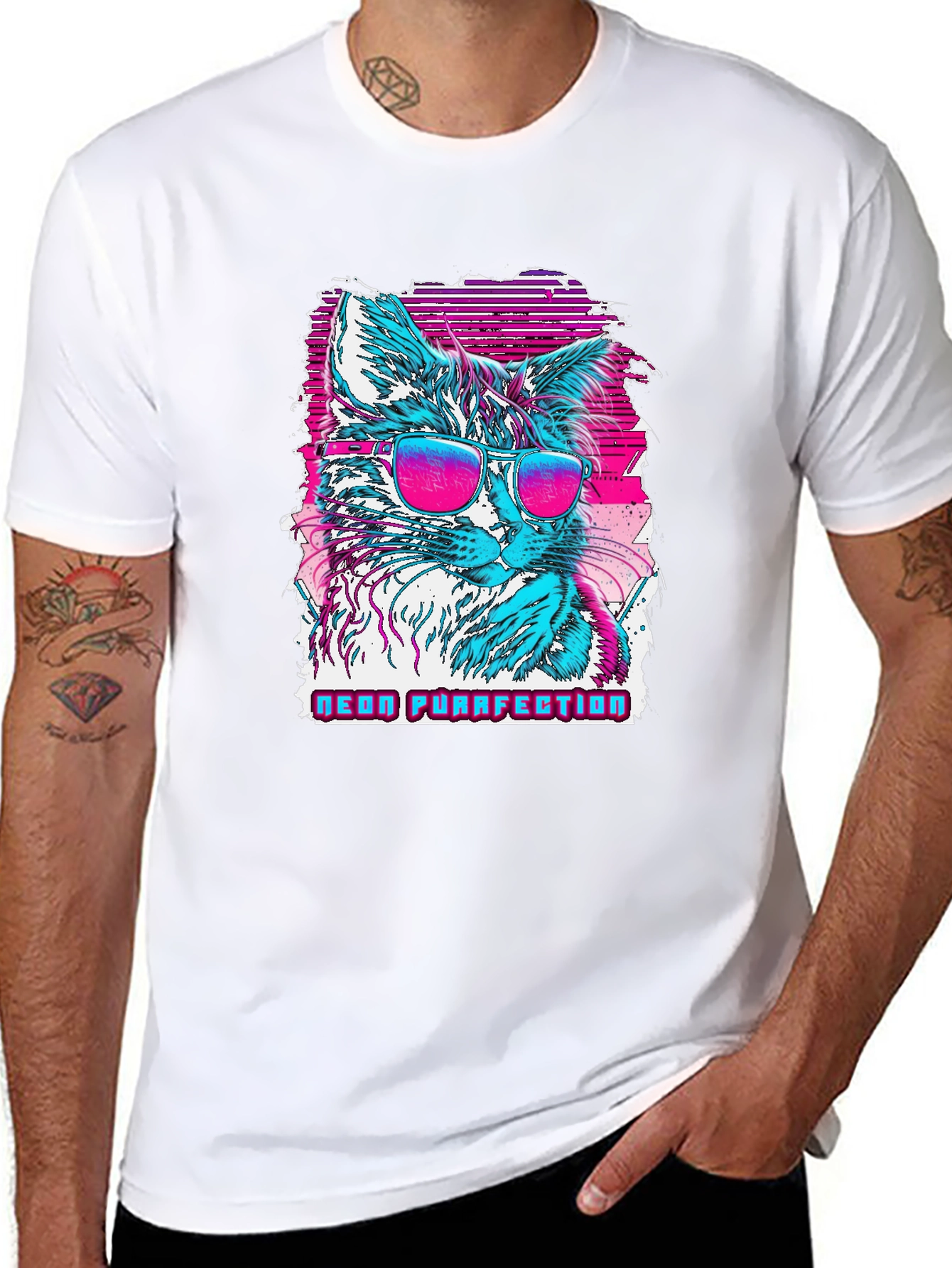 Neon Purrfection Cat Graphic T-Shirt - Cool Retro Style