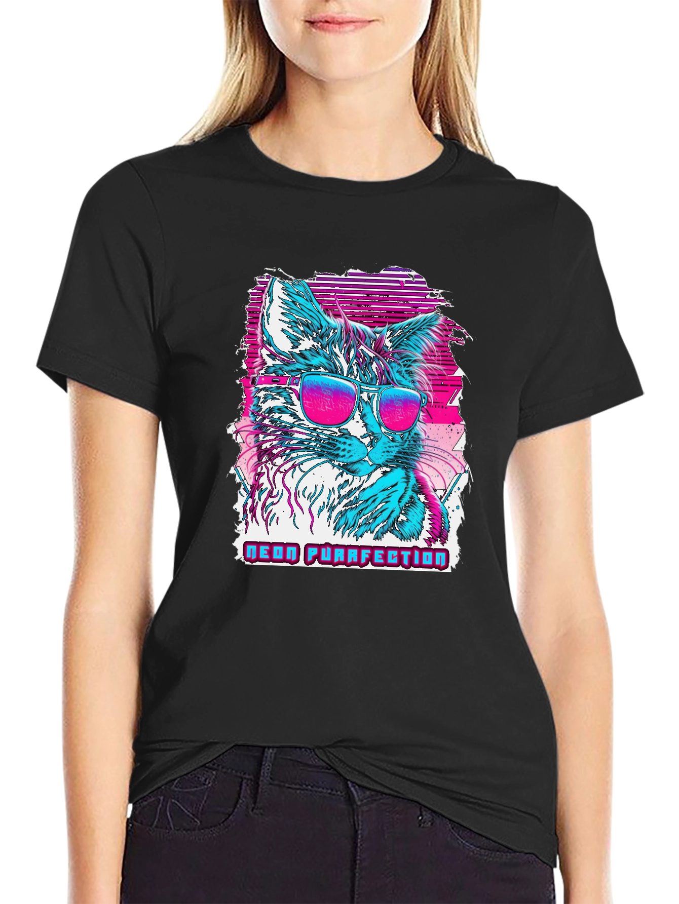 Neon Purrfection Cat Graphic T-Shirt - Cool Retro Style