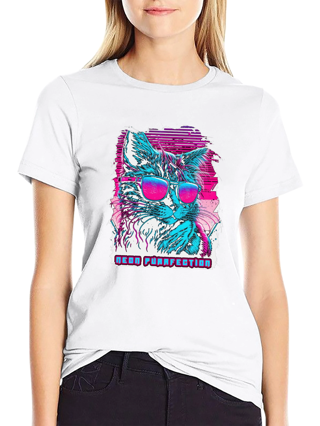 Neon Purrfection Cat Graphic T-Shirt - Cool Retro Style