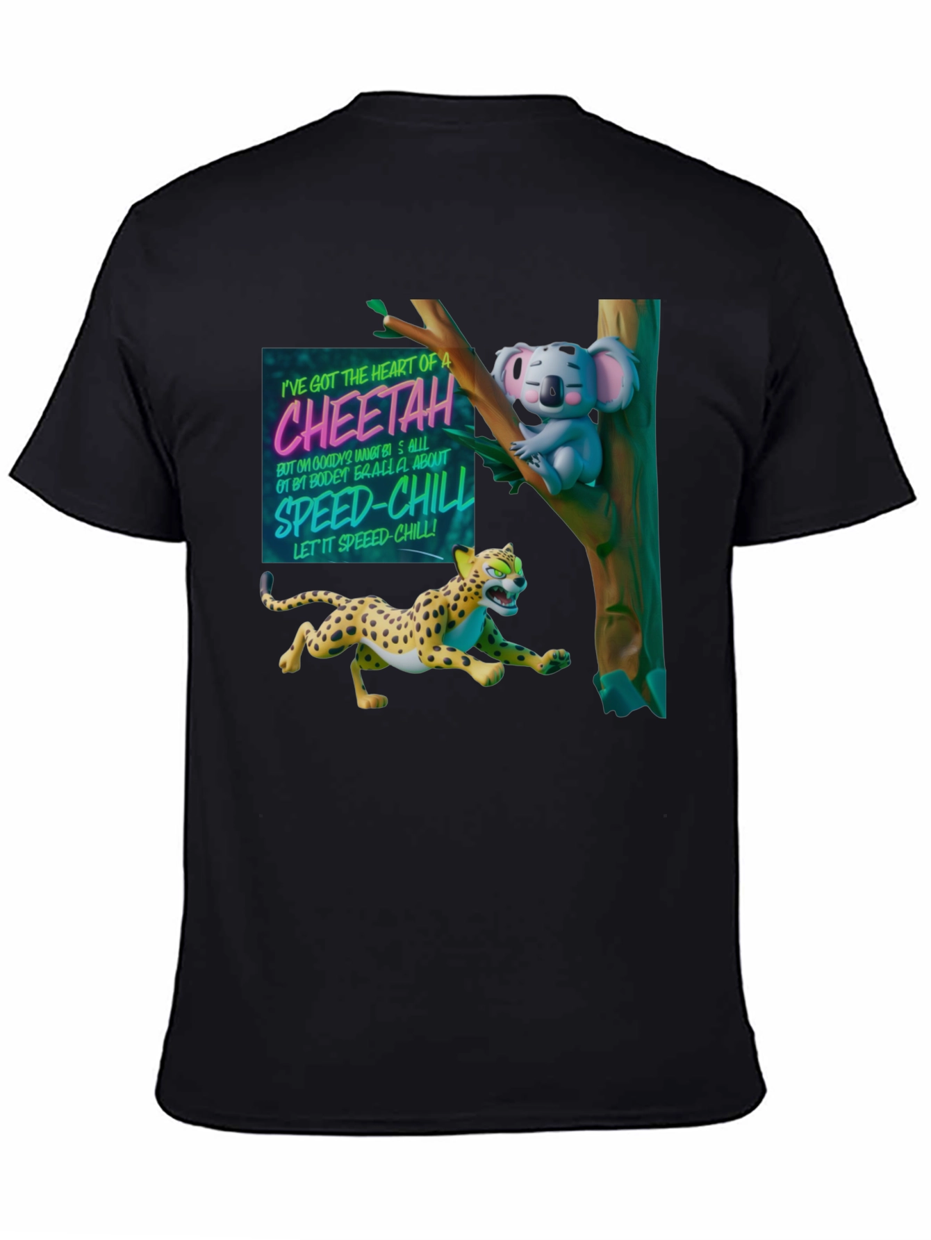 Cheetah & Koala Graphic Print Black T-Shirt