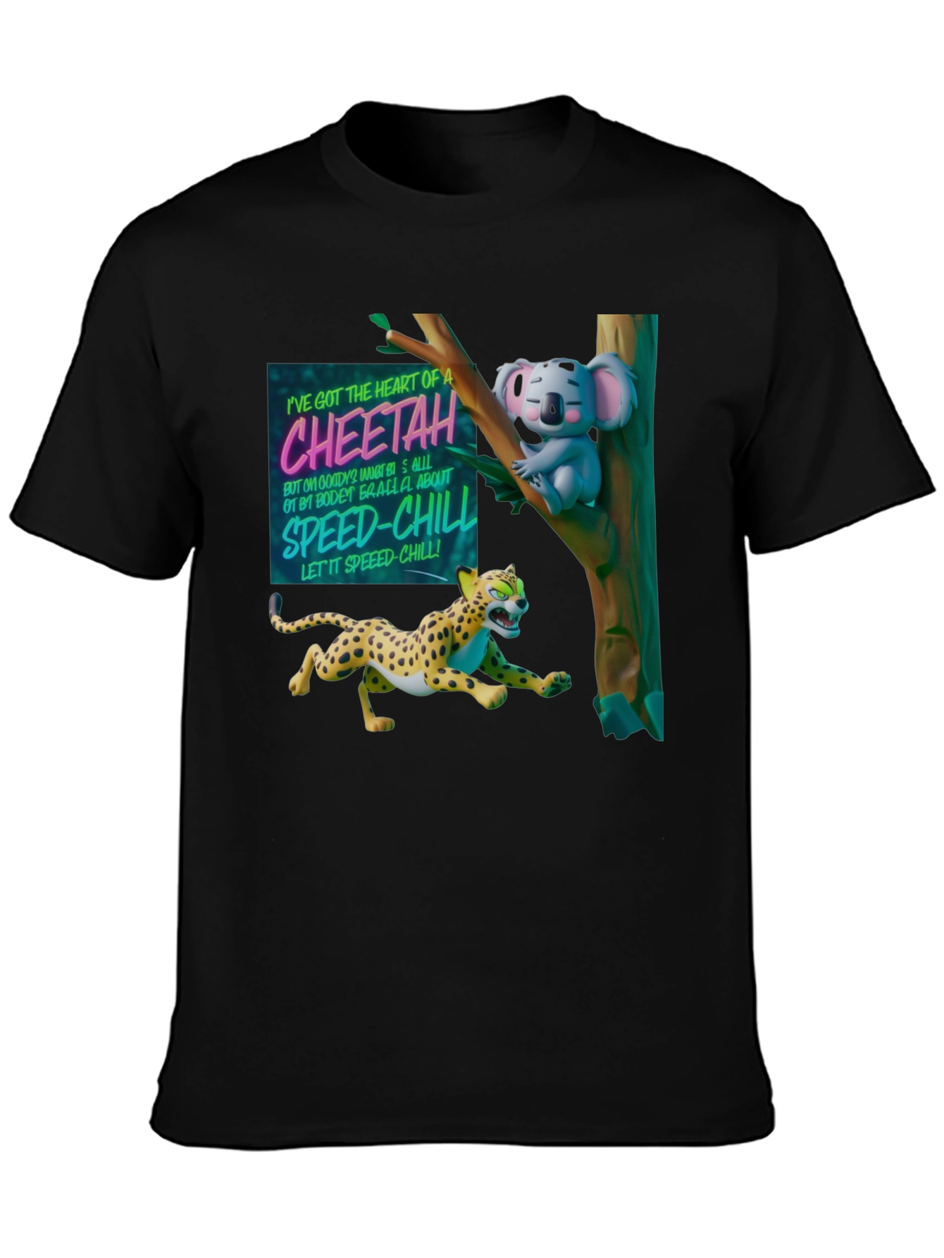 Cheetah & Koala Graphic Print Black T-Shirt