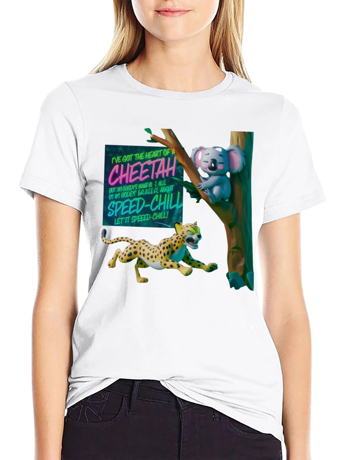 Cheetah & Koala Graphic Print Black T-Shirt