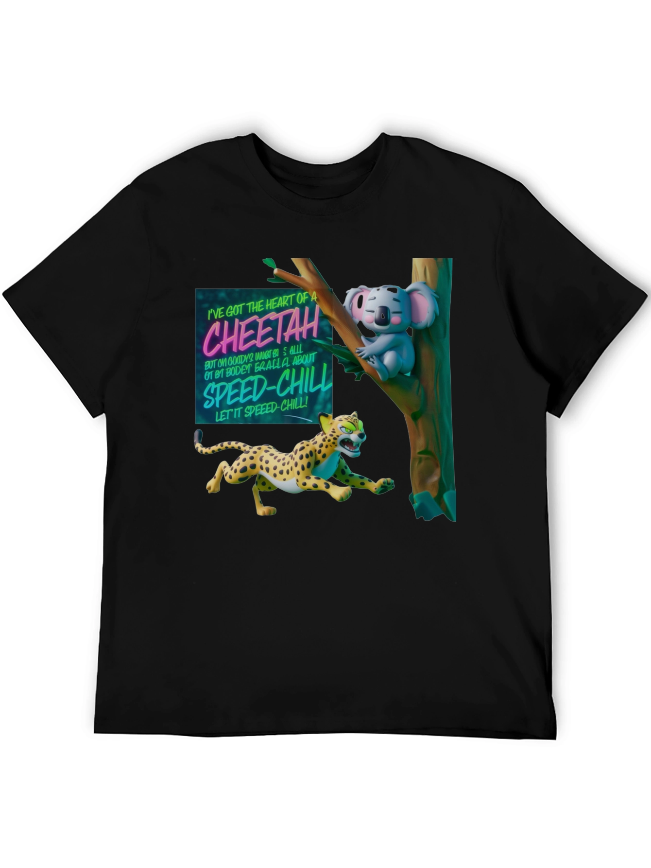 Cheetah & Koala Graphic Print Black T-Shirt