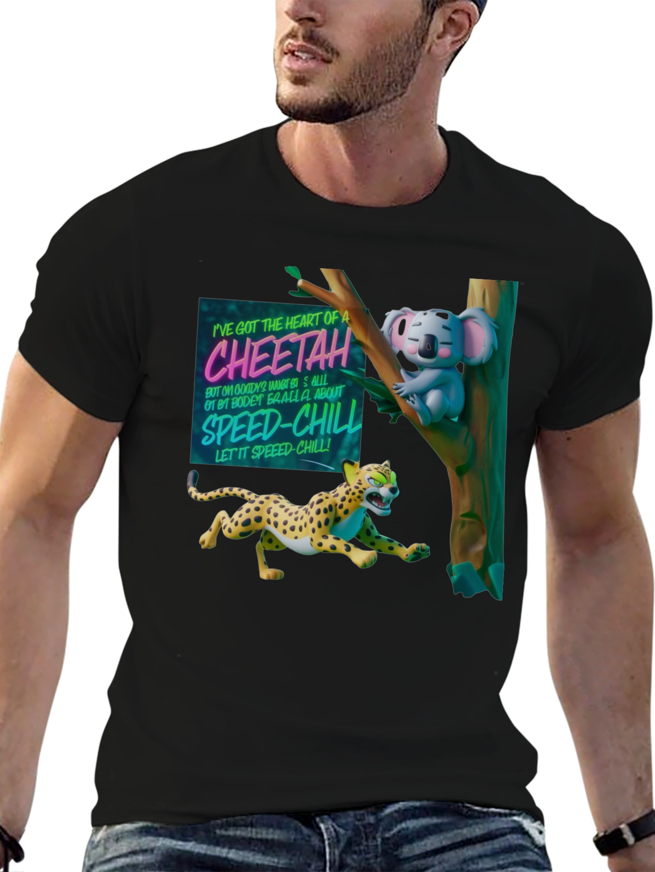 Cheetah & Koala Graphic Print Black T-Shirt