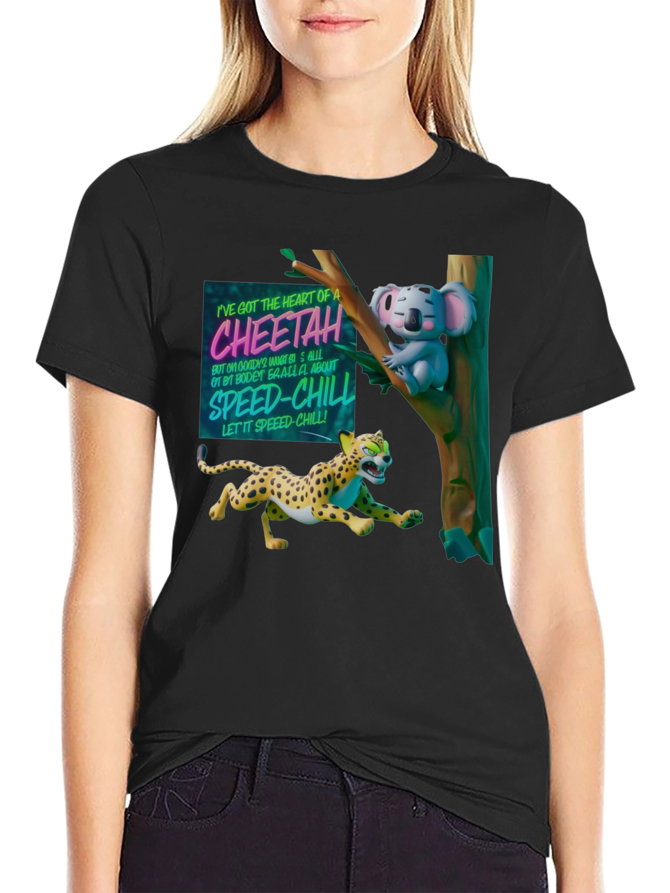 Cheetah & Koala Graphic Print Black T-Shirt