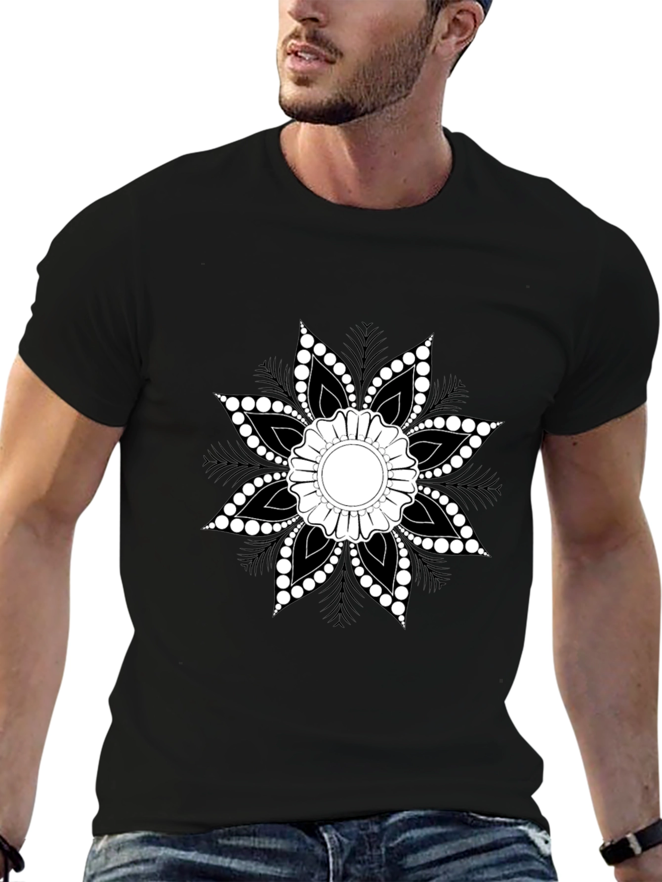 Black T-Shirt with Floral Mandala Design