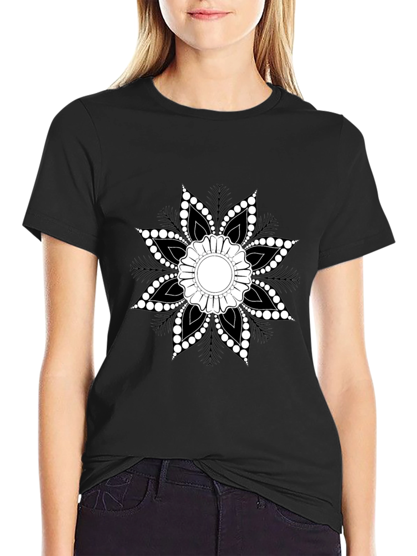 Black T-Shirt with Floral Mandala Design