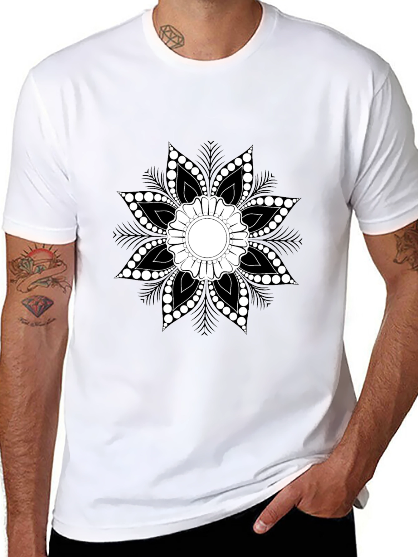 Black T-Shirt with Floral Mandala Design