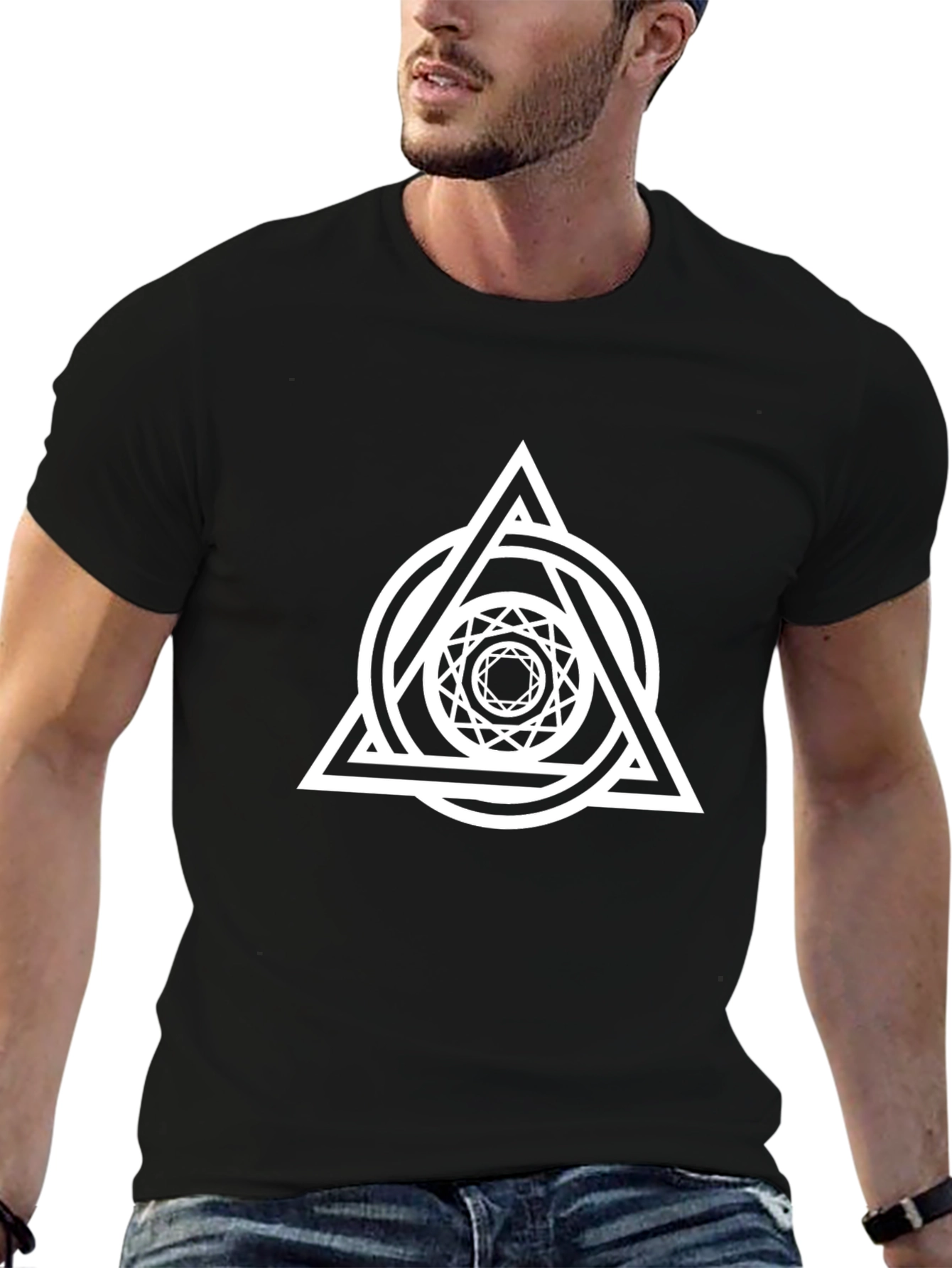 Geometric Triangle Circle Graphic Tee - Black Cotton Blend