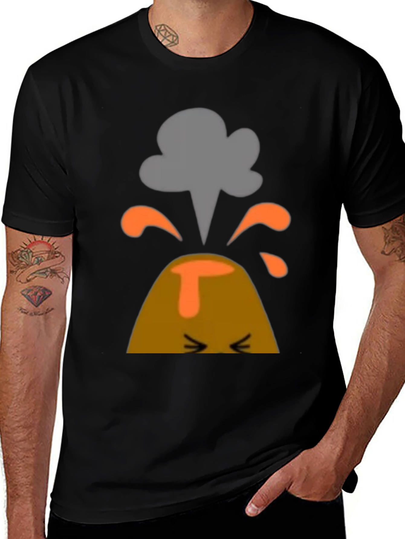 Volcano Cartoon Graphic Print Black T-Shirt