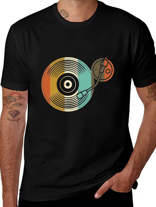 Retro Vinyl Record Player Graphic T-Shirt - Black