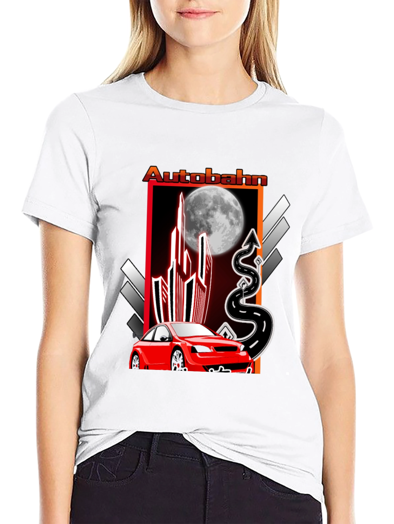 Autobahn Graphic T-Shirt: Red Car & Moon Design