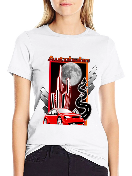 Autobahn Graphic T-Shirt: Red Car & Moon Design