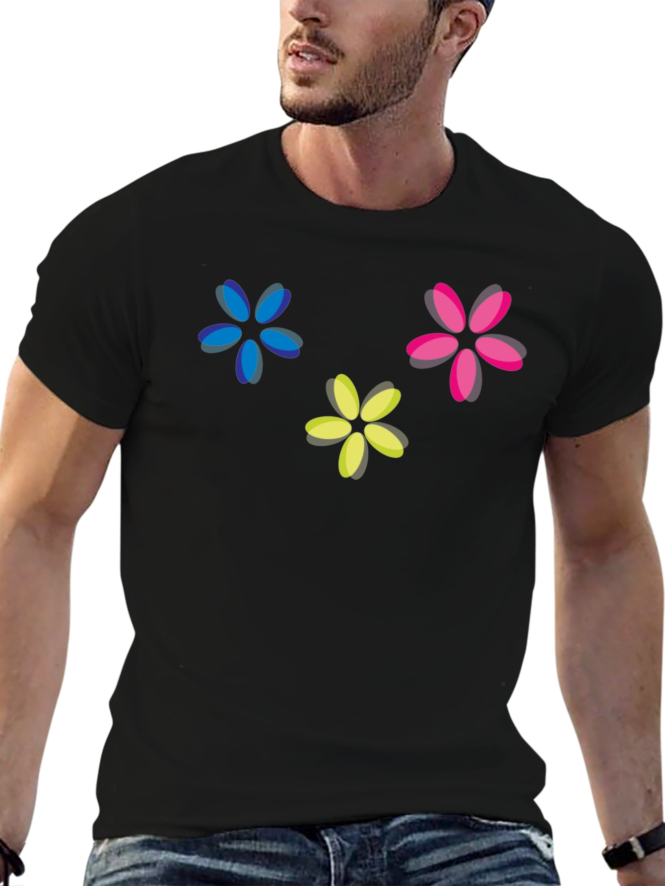 Floral Print Crew Neck T-Shirt - Black