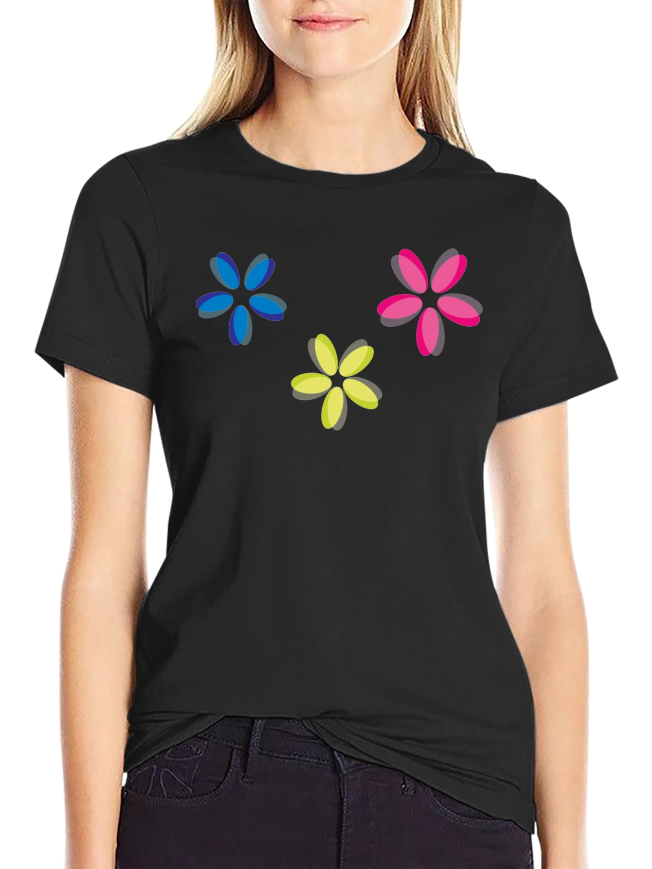Floral Print Crew Neck T-Shirt - Black