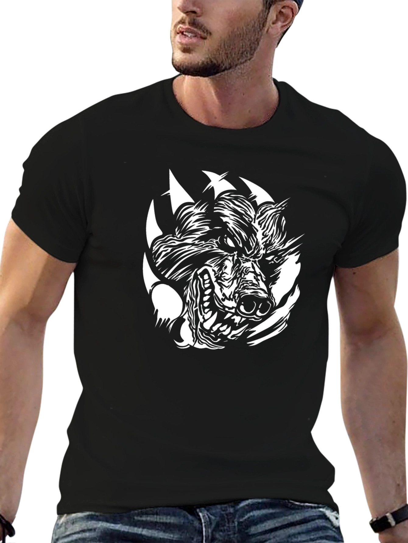 Mens Black T-Shirt with Wolf Graphic
