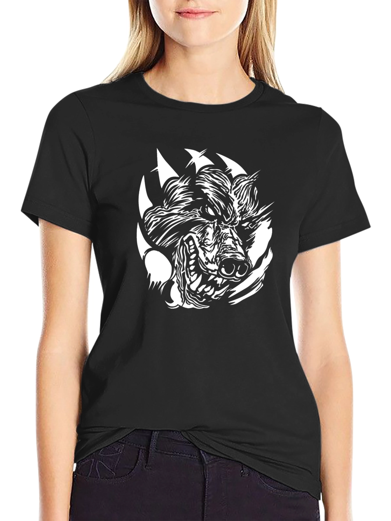 Mens Black T-Shirt with Wolf Graphic