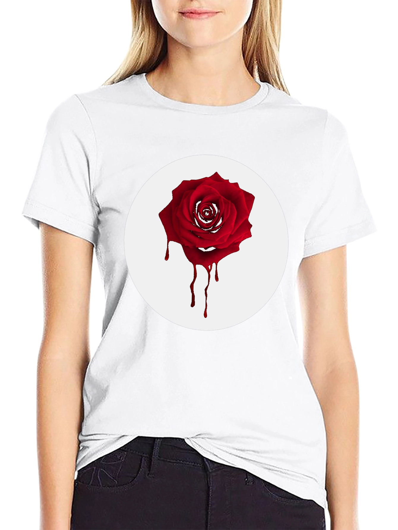Mens Black T-Shirt with Bleeding Rose Graphic
