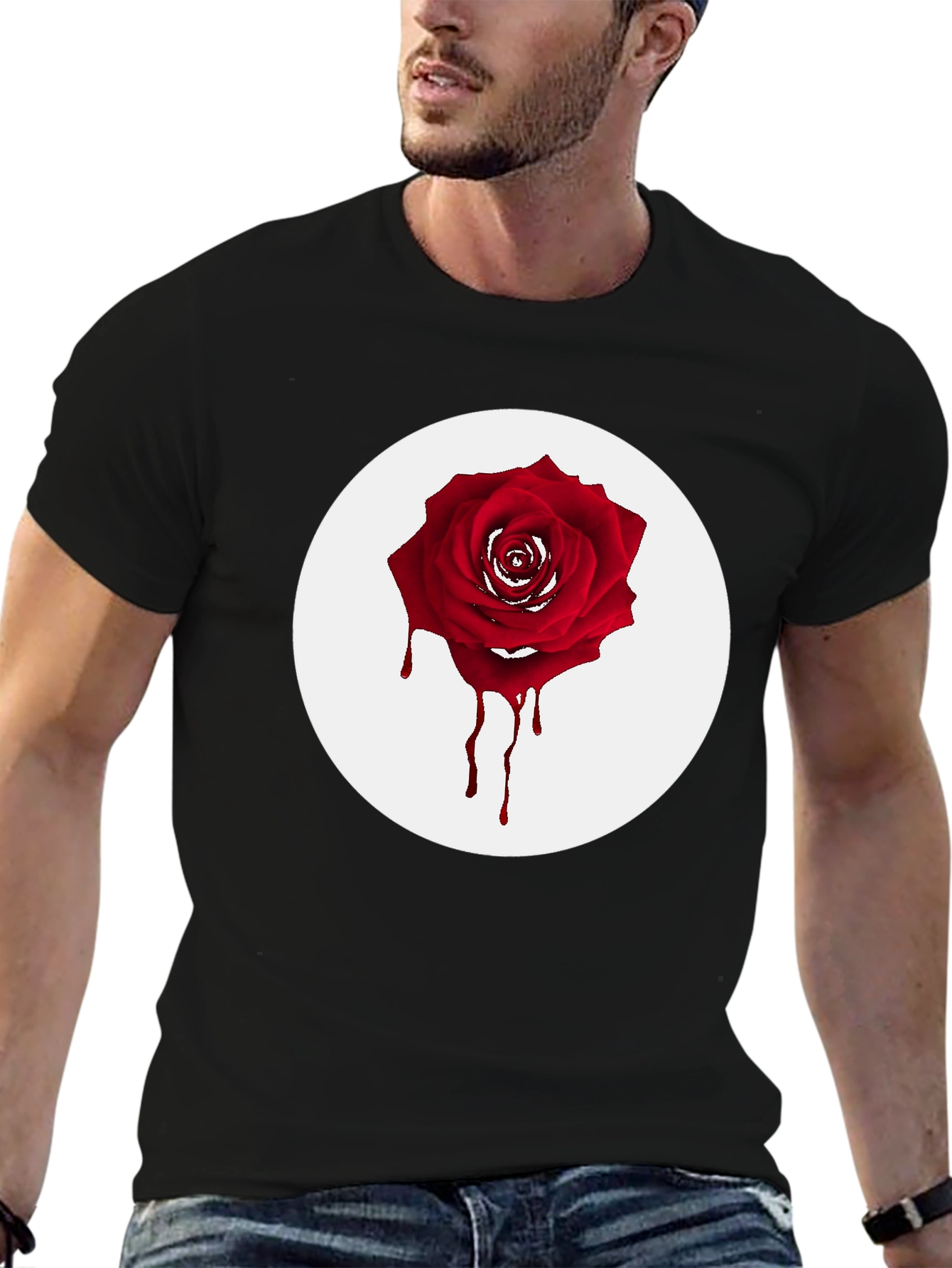 Mens Black T-Shirt with Bleeding Rose Graphic