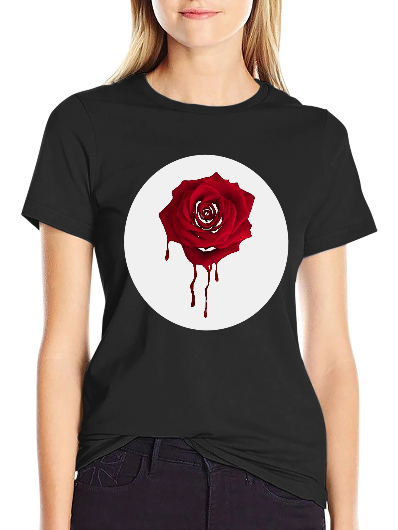 Mens Black T-Shirt with Bleeding Rose Graphic