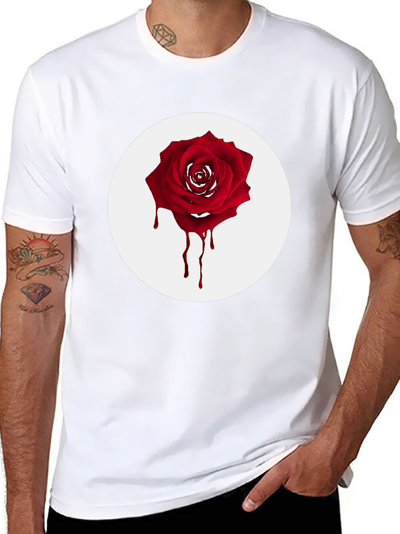 Mens Black T-Shirt with Bleeding Rose Graphic
